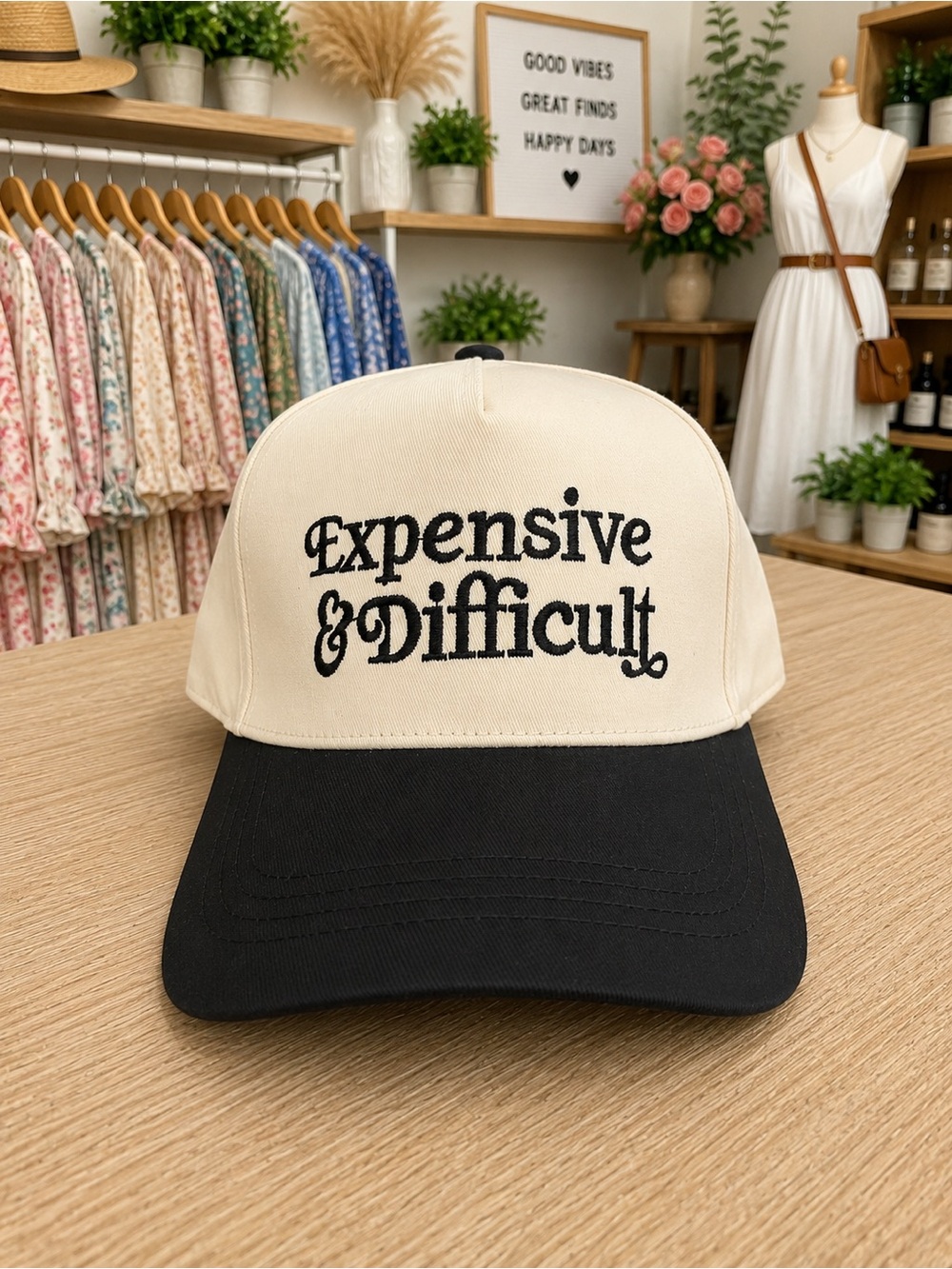 Boutique Expensive & Difficult Adjustable Baseball Cap Black & Cream NWOT